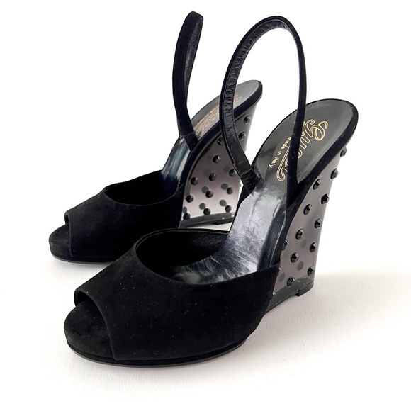 GUCCI | Black Suede Peep Toe Slingback Lucite Studded Wedge Heels Vintage 38.5 - Picture 3 of 13